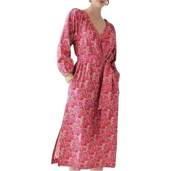 J Crew Collection NEW Tie-Waist Cotton Poplin Dress in Ratti® Pink Blooms Print - Picture 1 of 14